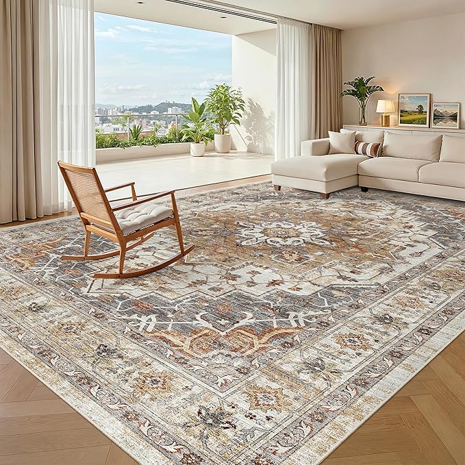 Madane Washable Rug 8x10 Area Rugs for Living Room, Ultra-Thin Non-Slip Backing Rug, Stain Resistant Vintage Large Area Rug for Bedroom (Turmeric/Grey, 8'x10')