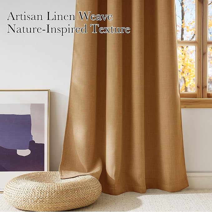NICETOWN Faux Linen Gold Brown Blackout Curtains 84 inches Long for Living Room - Privacy Panels for Bedroom, Modern Farmhouse Style Easy Care Grommet Top, 2 Panels, W52 by L84