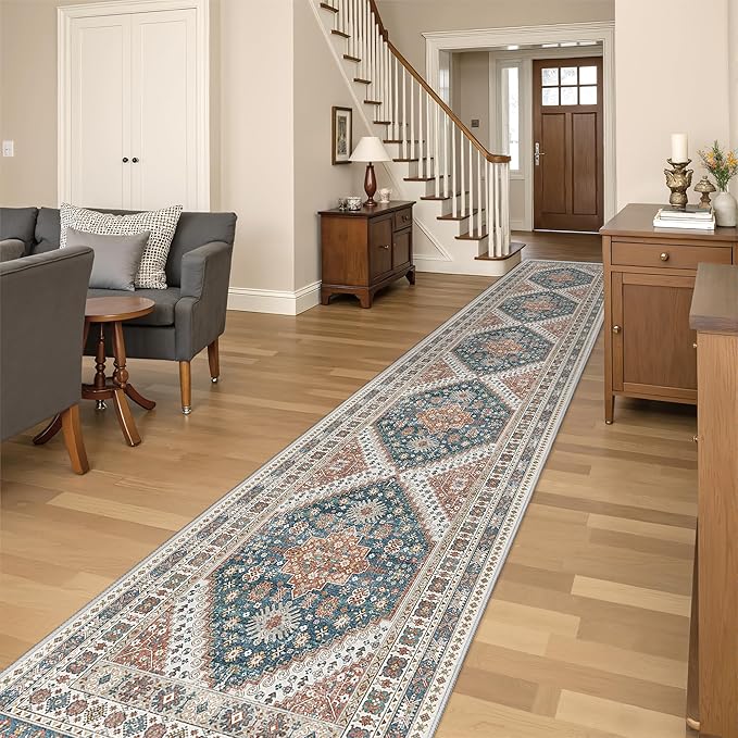 Washable Runner Rug 2.5x14, Non-Slip Long Kitchen Mats for Floor, Vintage Rug for Entryway, Soft Hallway Runner for Dining Room, Bedroom, Living Room(Blue/Red,2.5'x14')