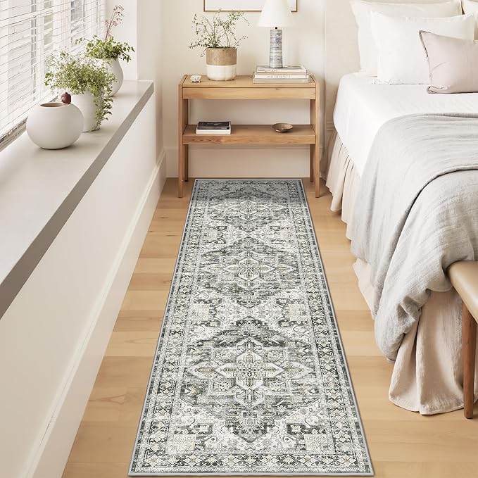 Runner Rug 2x8 Runners for Hallways Non Slip Washable, Vintage Hallway Runner Rugs for Living Room, Low Pile Soft Hallway Rug for Kitchen Bedroom Laundry Room Rug(Grey/Beige,2'x8')