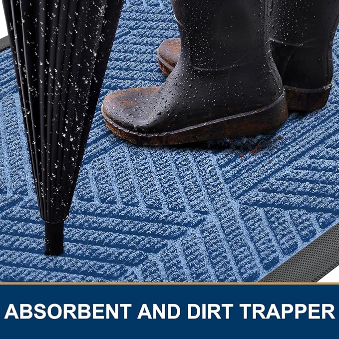 Smiry Front Door Mat Outside Entrance, Heavy Duty Sturdy Natural Rubber Doormat, Trap Dirt and Moisture, Easy Clean Low Profile Mats for Indoor Outdoor Entry, Irregular Triangle (71x47, Blue)