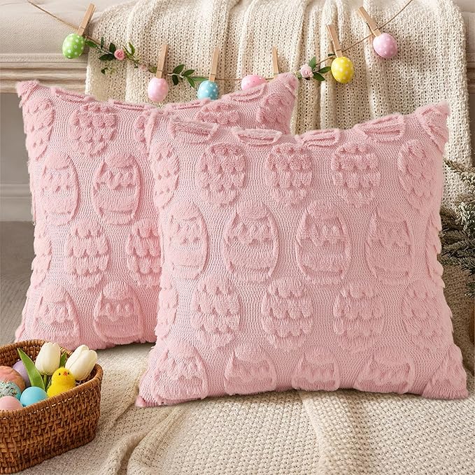 decorUhome Easter Pink Egg Pillow Covers 18x18 Inch Set of 2, Soft Plush Faux Wool Jacquard Cushion Covers, Farmhouse Neutral Fuzzy Spring Easter Holiday Decor for Couch Sofa Bed