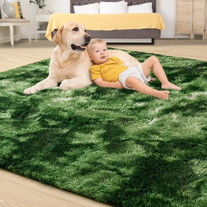 Tepook Fluffy Large Rugs for Living Room, Area Rug 6x9 Soft Carpet for Bedroom, Modern Shaggy Rug for Kids Boys Girls, Plush Indoor Nursery Home Decor Rug with Non-Slip Bottom, Tie-Dyed Dark Green