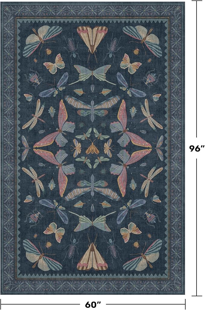 Blue 5x8 Washable Living Room Rugs - Stain Resistant Non Slip Insect Rug for Dining Room, Low Pile & Soft Carpet for Bedroom, Dark Vintage Décor Indoor, Non Skid with Rubber Backing