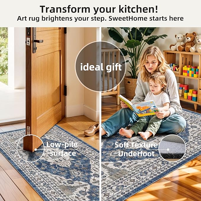 Kitchen Sink Rugs Set 0f 2: Washable Non-Slip Hardwood Floor Mat for Stove Dishwasher Fronts Soft Stain Resistant Carpet for Cooking Area & Fridge Boho Home Decor for High Traffic Area(2x3+2x4,Blue)