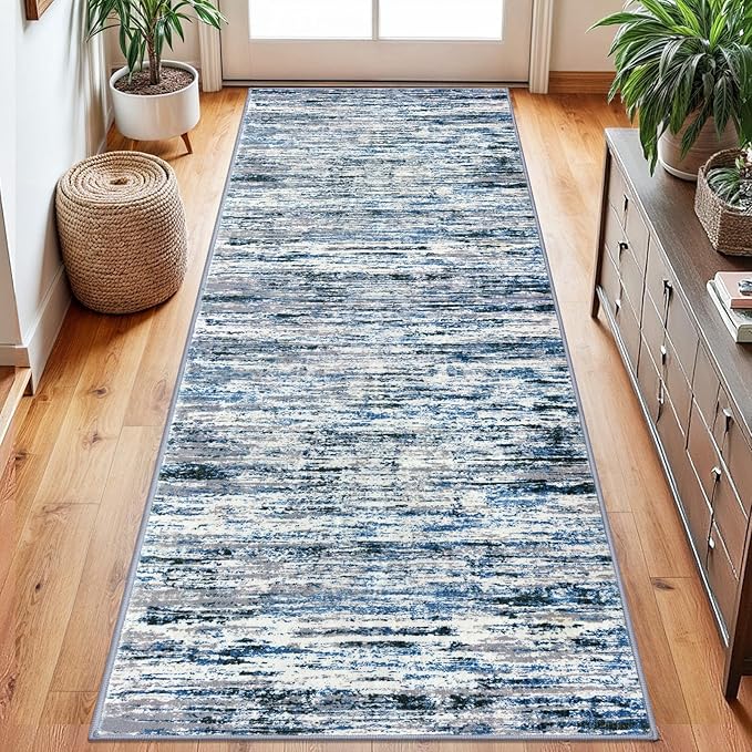 Lansny Modern Abstract Runner Rug 2.6x8, Grey Blue White Washable Kitchen Runner Non-Slip Soft Hallway Rug Runner Thin Print Faux Wool Carpet for Entryway Bedroom Laundry Room Indoor Home Decor