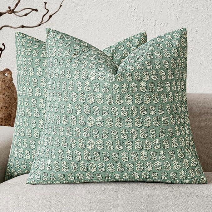 Foindtower Set of 2 Decorative Neutral Floral Print Throw Pillow Covers Vintage Accent Farmhouse Cushion Covers Boho Home Decor for Sofa Couch Chair Bedroom Living Room Outdoor,22×22 Inch,Aqua Blue