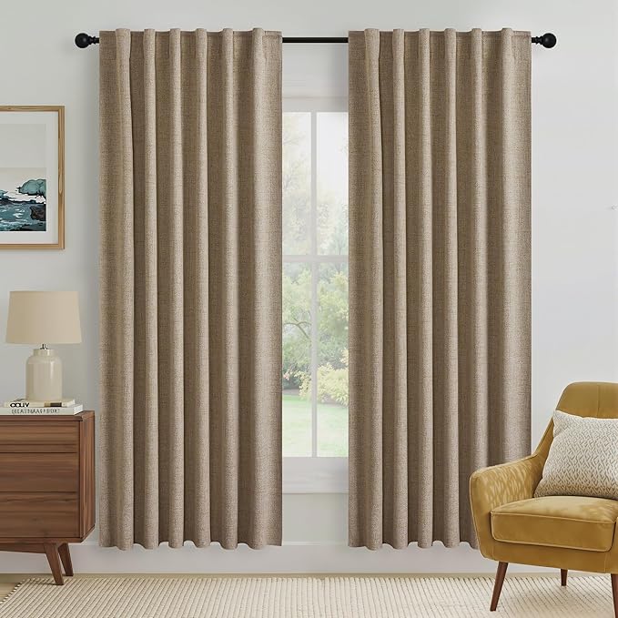 RYB HOME Burlap 100% Blackout Linen Curtains 72 inch Long, Thermal Insulated & Privacy Assurd Drapes for Bedroom/Office/Nursery, Rod Pocket & Back Tab Window Treatment, W52 X L72, 2 Panels
