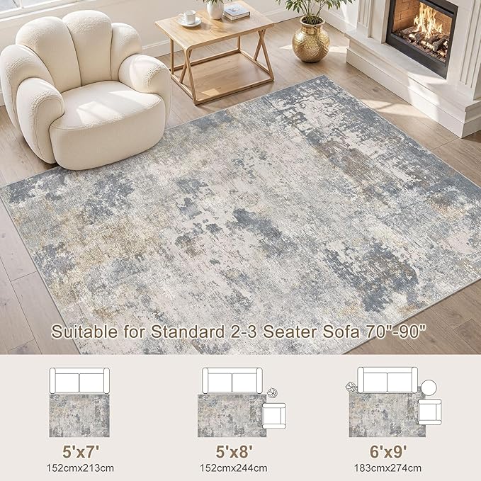 UERMEI 6x9 Area Rug Living Room Rugs - Washable Neutral Modern Abstract Soft Thin Large Rug Indoor Floor No Slip Rug Carpet for Bedroom Under Dining Table Home Office Decor - Blue Grey