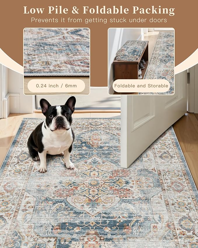 Madane Hallway Runner Rug 2x12, Extra Long Washable Runner Rugs with Rubber Backing, Non Slip Carpet Runner, Vintage Rug Runners for Kitchen Laundry Room Entryway (Navy, 2'x12')