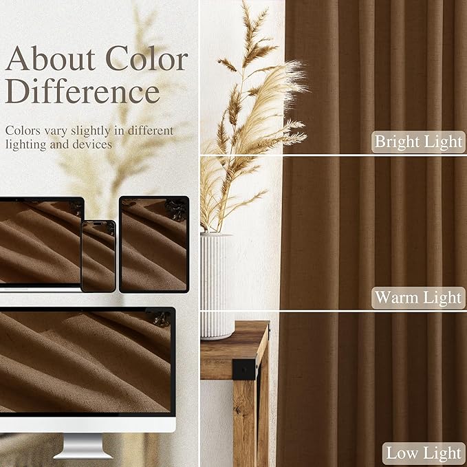 Tobacco Brown Linen Curtains 108 Inches for Living Room Bedroom Extra Long Back Tab Curtain Vintage Rustic Farmhouse Light Filtering Sheer Drapes Floor to Ceiling Curtain 52x108,2 Panels
