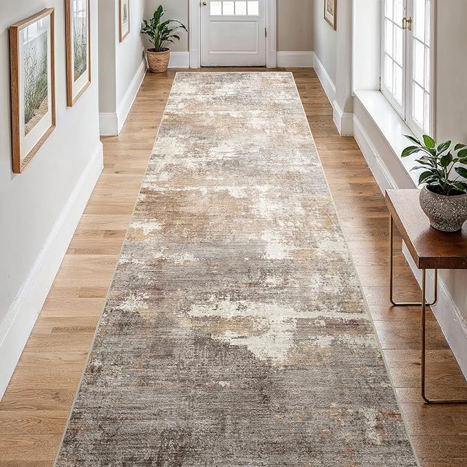 4x12 Washable Kitchen Runner Rug: Modern Abstract Wide Runners for Hallway Soft Non Slip Rugs with Rubber Backing Low Pile Thin Carpet for Entryway Bedroom Bathroom Laundry Indoor(Brown/Brick,4x12)