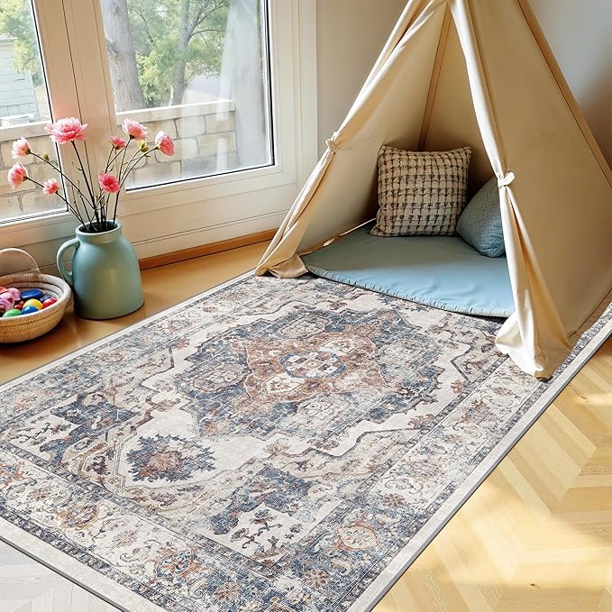 4x6 Living Room Area Rugs: Washable Boho Bedside Rugs Non-Slip Low Pile Small Carpet for Kitchen Bedroom Non-Shedding Floor Mat for Kids Room Office Dining Room(4x6，Brick)