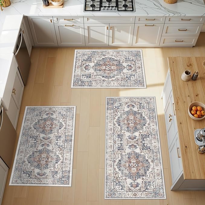 4 Pieces Kitchen Rug Set: Washable Water Resisitant Carpet for Sink Stove Area Soft Floor Mats with Non-Slip Backing for Bathroom Low-Pile Runners for Family with Elderly Dogs(2x3+2x4+2x5+2x6,Brick)