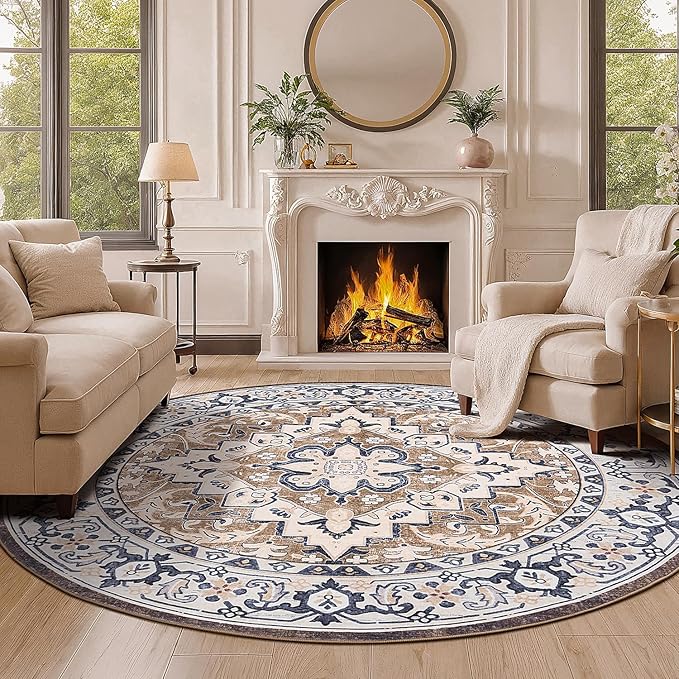 Lofus 6ft Area Rugs for Living Room, Washable Area Rug, Rugs for Bedroom, Kitchen, Vintage Boho Carpet, Soft Non-Slip, Low Pile Large Area Rug for Office Dining Room, Floral Brown