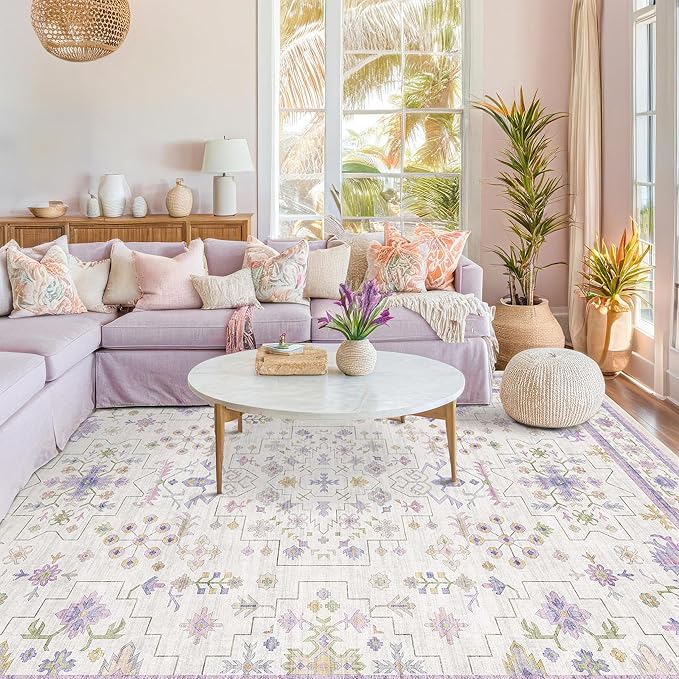5x7 Light Purple Area Rug for Girls Bedroom, Living Room, Nursery, Non Slip Washable Area Rugs, Lavender and Cream with Green Accent, Low Pile Foldable Carpet