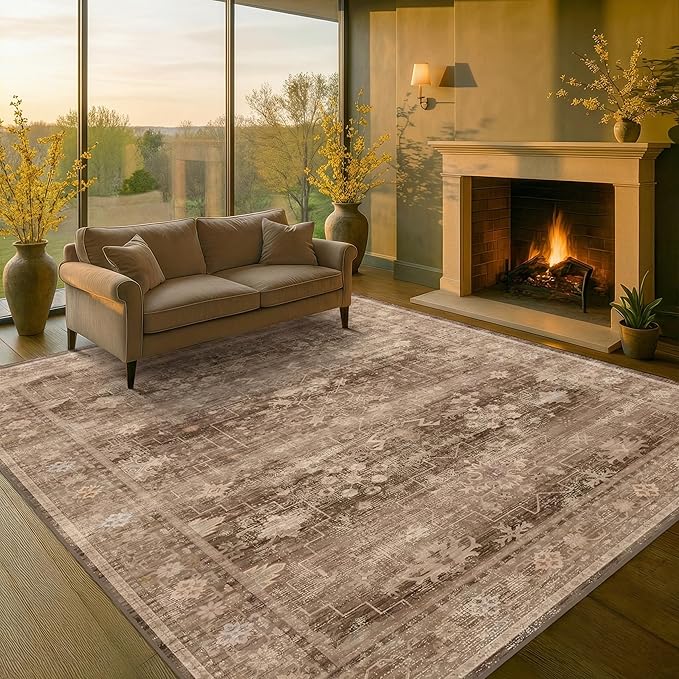 Hazo Haus Brown Rug for Living Room 10x14 - Extra Large Vintage Western Unique Neutral Taupe, Washable Low Pile Non-Slip Soft Thin Area Rug for Dining Under Table, Bedroom Under Bed, Home Office
