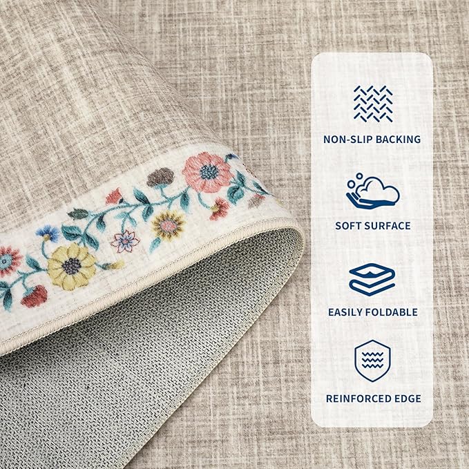 GarveeHome Washable Area Rugs for Bedroom 5x7 Living Room Modern Floral Throw Rugs Non-Slip Lightweight Thin Carpet Modern Farmhouse Print Non-Shedding Soft Low Pile Floor Cover, Light Camel