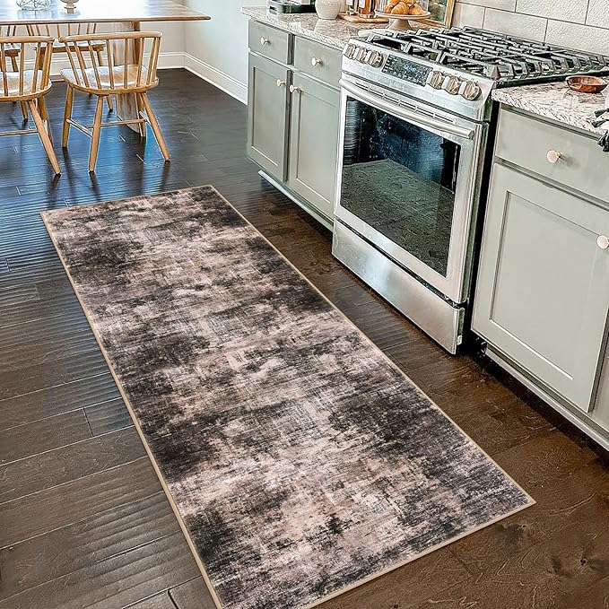 IOHOUZE Abstract Runner Rug 2x7 Ft Washable Runners for Hallways, Non Slip Kitchen Runner Printed Faux Wool Entryway Runners Indoor, Modern Abstract Floor Carpet for Hall Kitchen Bedroom, Brown/Rust