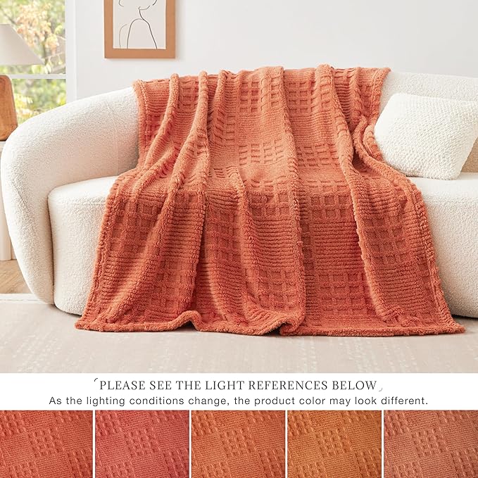 EXQ Home Fleece Throw Blanket for Couch or Bed - 3D Waffle Patchwork Pattern Jacquard Decorative Blankets - Cozy Soft Fuzzy Flannel Blanket Suitable for All Seasons(50"×60",Terracotta)