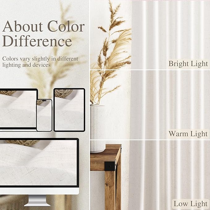 Ivory White Linen Curtains 132 Inch Length for Living Room Light Filtering Semi Sheer Curtain Back Tab Neutral Modern Farmhouse Decor Drapes Floor to Ceiling High Window for Bedroom 52x132, 2 Panels