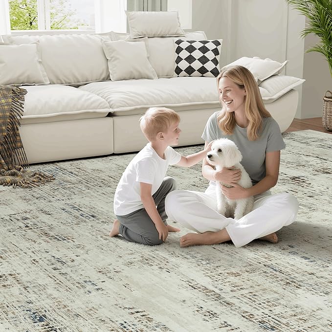 10x14 Area Rugs for Living Room Washable Rug: Anti-Skid Abstract Modern Living Room Rug Soft Thin Carpets Indoor Floor Non-Shedding Carpet for Bedroom Dining Farmhouse Nursery Gray White Blue