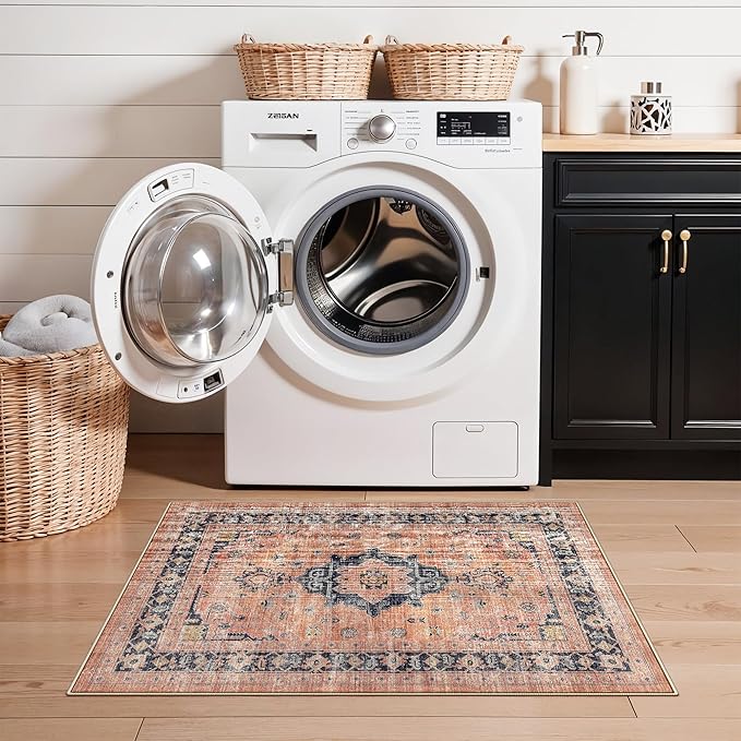 Washable 2x3 Small Area Rug: Vintage Indoor Soft Non Slip Door Mat Stain Resistant Carpet for Bedroom Living Room Light Weight Floor Mat for Kitchen Bathroom - Perfect for Homes with Pets (2x3,Orange)