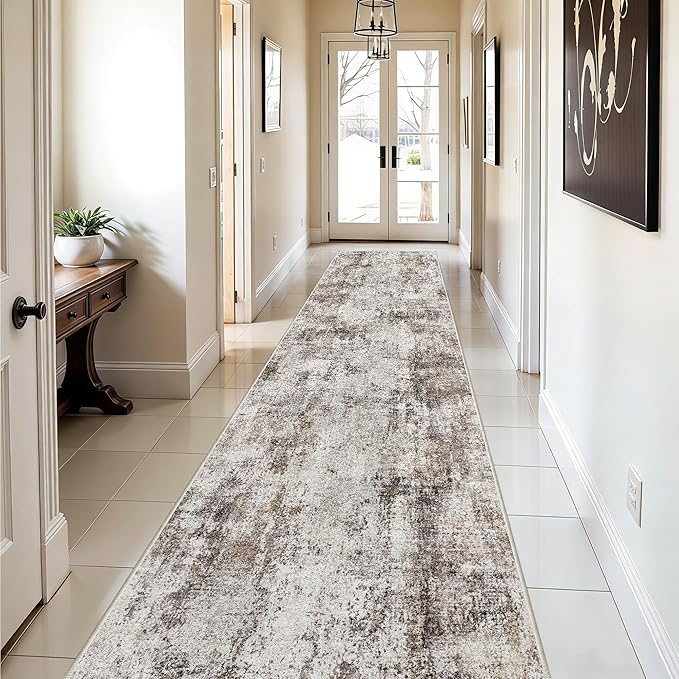 Hallway Runner Rug 2x8 Washable: Entryway Runners Rugs Non Slip Easy-to-Clean - Soft Living Room Bedroom Carpet - Thin Low Pile Printed Floor Mat for Dining Room Beige Brown