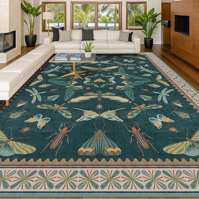 Hazo Haus 9x12 Large Living Room Rug - Dark Teal Multi Dining Room Rugs for Under Table, Bedroom, Kids Room, Classroom, Insect Butterfly Floral Décor, Lightweight Non Slip Low Pile