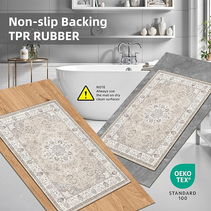 4 Pieces Kitchen Rug Set: Washable Water Resisitant Carpet for Sink Stove Area Soft Floor Mats with Non-Slip Backing for Bathroom Low-Pile Runners for Family with Elderly Dogs(2x3+2x4+2x5+2x6,Beige)