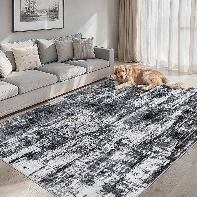 Area Rugs 10x14 Living Room - Washable Rug Modern Abstract Soft Large Neutral Non-Slip Carpet Indoor Floor Thin Carpets for Bedroom Dining Room Farmhouse Nursery Home Office Black