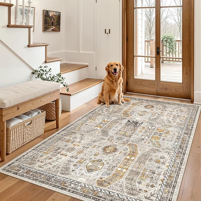 Madane Area Rug 3x5, Washable Entryway Rugs Printed Vintage Rugs for Bedroom Non Slip Indoor Kitchen Runner for Living Room Laundry Room Playroom Soft Non-Slip Floor Carpets, Brown/Gold