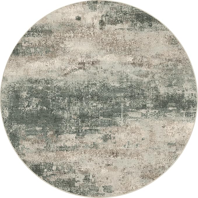 Round Rugs 5FT for Living Room Bedroom, Modern Abstract Machine Washable Circle Rug, Soft Low Pile Floor Cover with Non Slip Backing for Dining Room, Grey/Dark Green