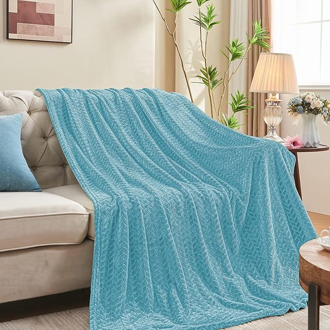 inhand Blue Fleece Twin Blanket, Super Soft Flannel Cozy Blankets for Adults, Lightweight Leaves Pattern Fuzzy Blanket for Couch Sofa Bed Office, Warm Plush Blankets for All Season, 60x90 Inches
