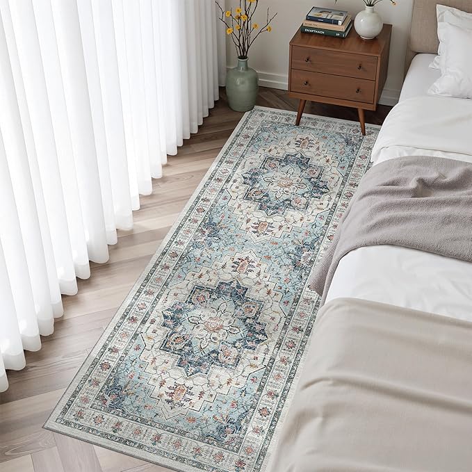 Madane Blue Runner Rug, 2x5, Low-Pile, Non-Slip, Washable, Stain Resistant, Retro, Machine-Made, Microfiber, Floral, Kitchen, Living Room, Bedroom, Laundry Room