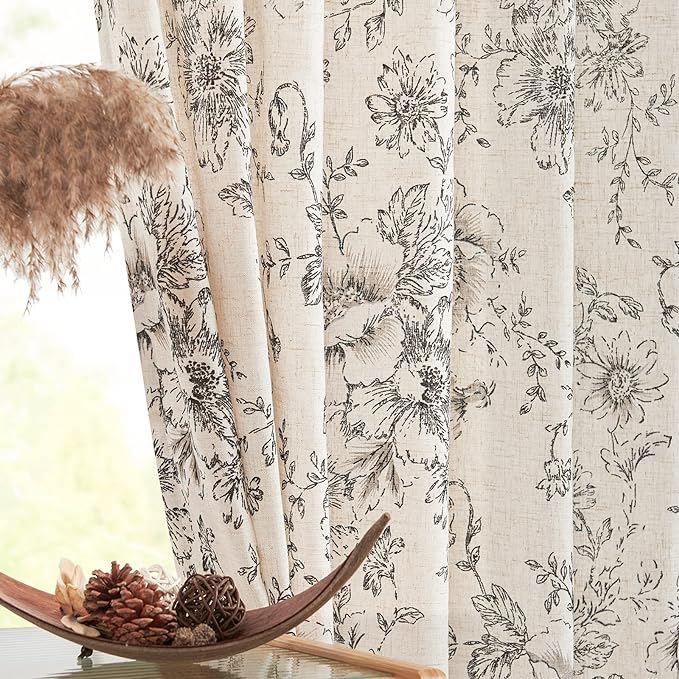 jinchan Linen Blend Curtain Floral Curtains for Living Room 120 Inch Length Black Printed Curtain Rod Pocket Back Tab Farmhouse Peony Flower Patterned Drapes Bedroom Window Curtains Set 2 Panels