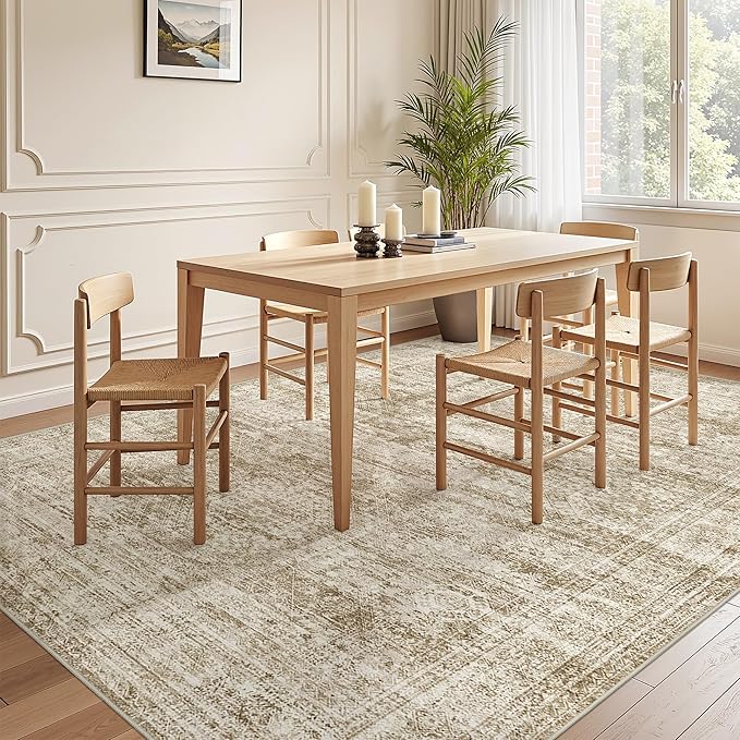5x7 Area Rugs, Ultra-Thin Washable Rugs for Living Room, Anti-Slip Backing Area Rug for Bedroom, Soft Abstract Vintage Home Decor Rug for Dining Room(5'x7', Brown/Ivory)