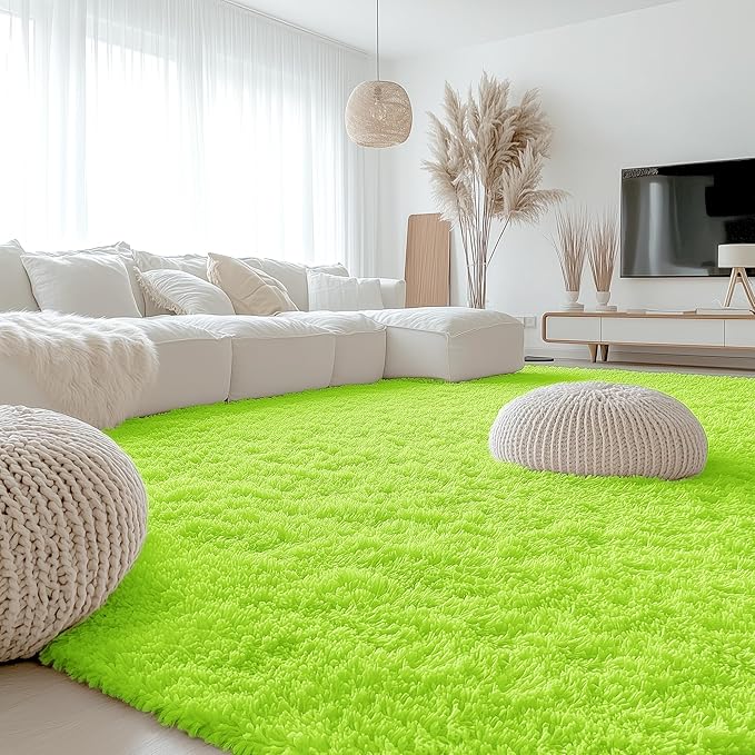 OLANLY 9x12 Machine Washable Large Area Rugs for Living Room, Bedroom, Soft Fluffy Shaggy Bedside Rug, Indoor Floor Carpet for Kids Girls and Boys, Dorms, Nursery, Home Decor Aesthetic, Lime Green