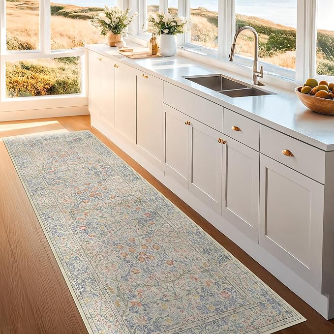 Hazo Haus Floral 3x8 Wide Hallway Runner - Beige Blue with Lilic Accent, Boho Forest Decor, Washable Low Pile Non Slip Stain Resistant Rug for Long Kitchen, Large Bathroom, Hall Way