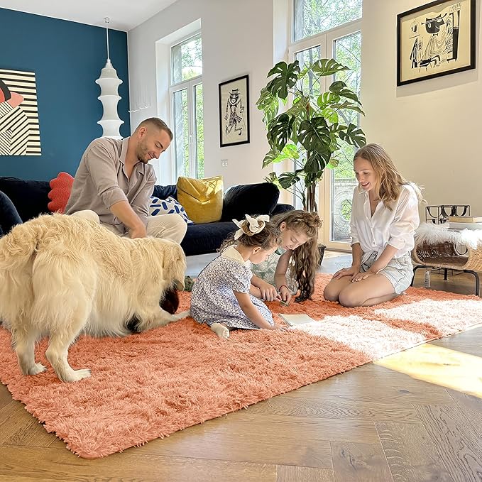 OLANLY 8x10 Machine Washable Large Area Rugs for Living Room, Bedroom, Soft Fluffy Shaggy Bedside Rug, Indoor Floor Carpet for Kids Girls and Boys, Dorms, Nursery, Home Decor Aesthetic, Muted Orange