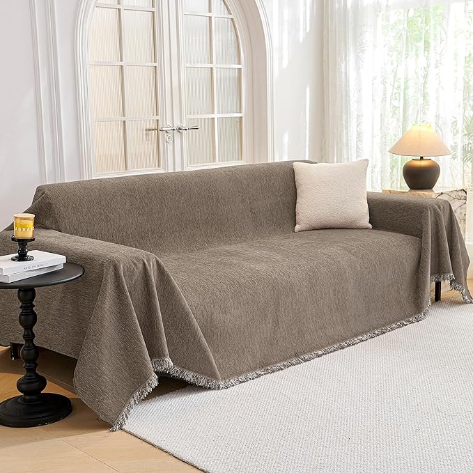 MYSKY HOME Couch Cover for Dogs Washable Couch Covers Couch Covers for Sofa Couch Cover 2 Cushion Sofa Non Slip Dogs Furniture Protector with Tassels Chenille Sofa Covers for Pets, 71"x102", Sand