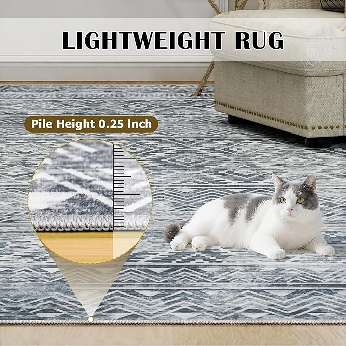 9x12 Area Rugs Washable Rug: Anti-Skid Abstract Modern Living Room Rug Soft Thin Carpets Indoor Floor Non-Shedding Carpet for Bedroom Dining Farmhouse Nursery Home Office (Blue Grey White, 9'x12')