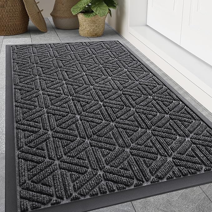 Smiry Front Door Mat Outside Entrance, Heavy Duty Sturdy Natural Rubber Doormat, Trap Dirt and Moisture, Easy Clean Low Profile Mats for Indoor Outdoor Entry, Grid Geometric (71x47, Grey)