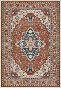 Area Rugs Round 8ft Washable Non-Slip, Floral Vintage Distress Print Pattern Medallion Carpet for Living Room Bedroom Dining Room, Red Orange Blue Brown