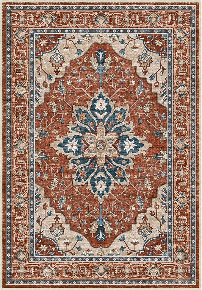 Area Rugs Round 8ft Washable Non-Slip, Floral Vintage Distress Print Pattern Medallion Carpet for Living Room Bedroom Dining Room, Red Orange Blue Brown