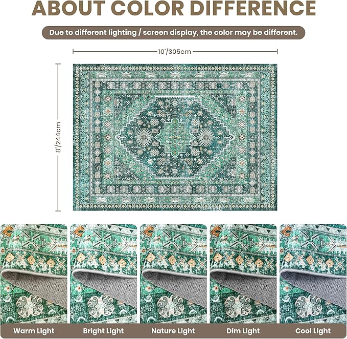 zesthome 8x10 Area Rugs for Living Room,Non-Slip Backing Washable Rugs,Vintage Large Area Rug，Stain Resistant Home Decor Rug(Green/Teal,8'x10')