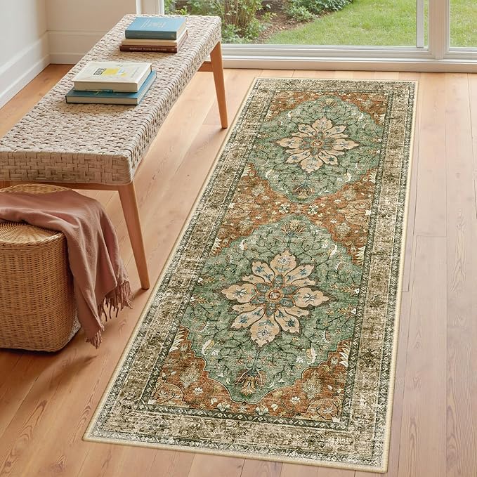 RELEANY Area Rugs 3'x7' Runner Rug Non Slip Washable for Kitchen Hallway Bedroom Beside Laundry Room Bathroom Rug, Floor Carpet, Brick Red Rust Neutral Brown Burnt Orange Green