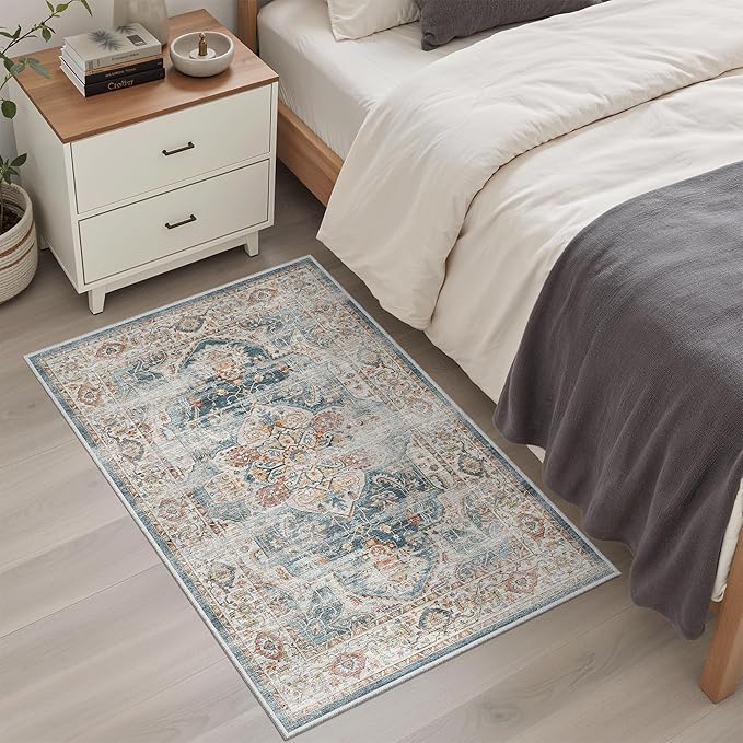 Madane Washable Area Rug 2x3, Small Entryway Rug Non-Slip Vintage Door Mat Indoor Entrance, Low Pile Floor Carpet for Inside Front Door Bedroom Kitchen Entry Laundry (2'x3', Navy)