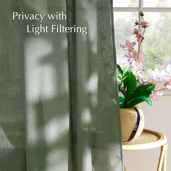 NICETOWN Forest Green Linen Curtains for Kitchen, Thick Flax Small Window Treatments Semi Sheer Privacy Assured with Light Through for Cafe/Bathroom, W55 x L84, 2 Panels