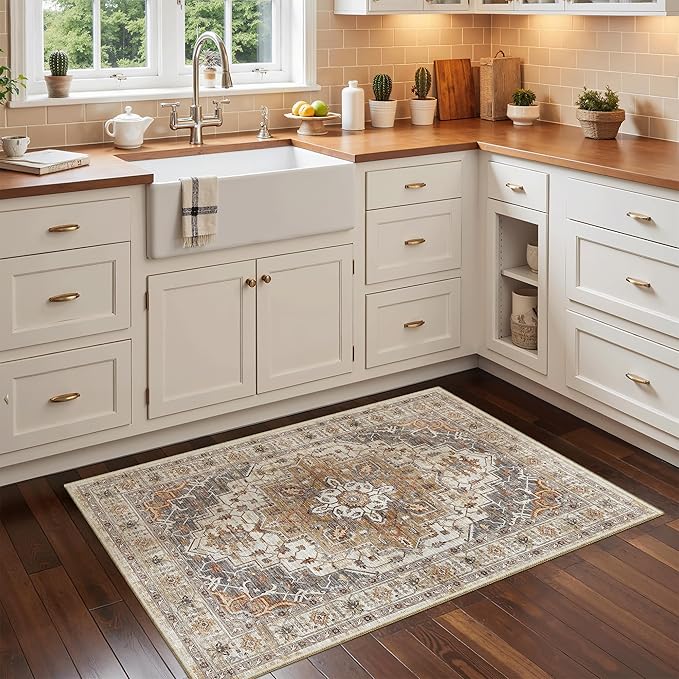 Madane Washable Area Rug 2x3, Small Entryway Rug Non-Slip Vintage Door Mat Indoor Entrance, Low Pile Floor Carpet for Inside Front Door Bedroom Kitchen Entry Laundry (2'x3', Turmeric/Grey)